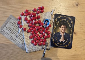 CARLO ACUTIS - RÓŻANIEC Z RELIKWIĄ CZERWONY - etui lniane